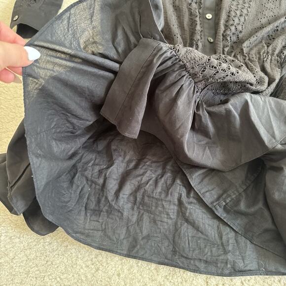 THAKOON Black Eyelet Lace Ruffle Hem Button Down Silk Cotton Mini Shirt Dress 0 - Picture 11 of 15